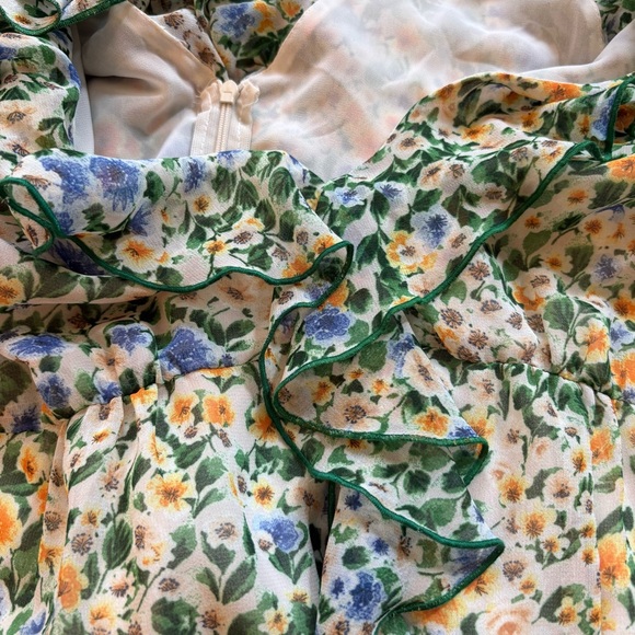 ZARA Floral Chiffon Midi Dress Green Yellow Ruffle Slit Size Small Romantic EUC - Picture 8 of 11